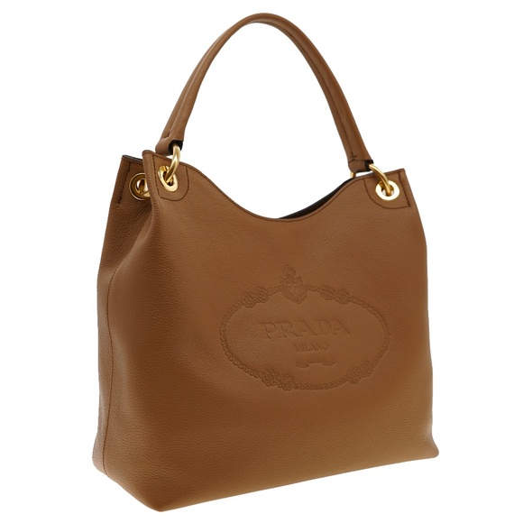 Prada Hobo Shoulder Bag Embossed Logo Caramel Leather 1BC051 New - Picture 1 of 7